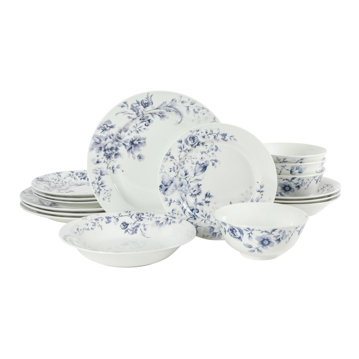 Martha Stewart Empress Bouquet 12-Piece Decorated Porcelain Chip and Scratch Resistant Dinnerware Plates and Bowls Set - Pink Floral