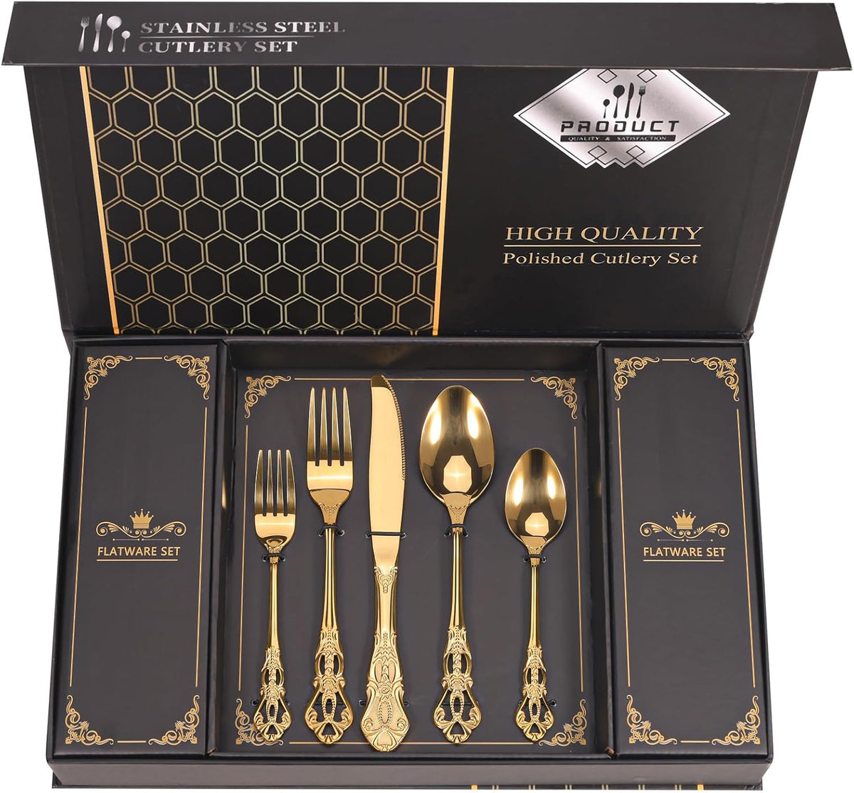 Retro Royal Gold Silverware Set With Gift Box For 8 Cutlery Set Utensils Stainless Steel Flatware 40 Pieces MIKIWAY Kitchen Tableware Set For Gifts Festive, Dishwasher Safe, Mirror Polishing