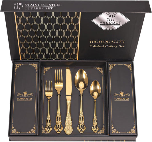 Retro Royal Gold Silverware Set With Gift Box For 8 Cutlery Set Utensils Stainless Steel Flatware 40 Pieces MIKIWAY Kitchen Tableware Set For Gifts Festive, Dishwasher Safe, Mirror Polishing