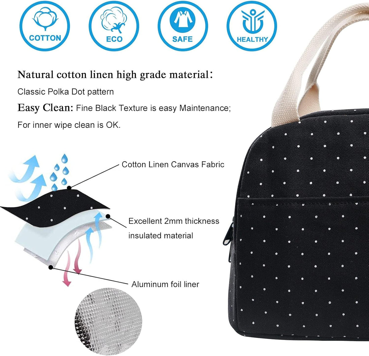 EurCross Upgraded Compact Black Lunch Bag for Girls Women,Canvas Reusable Insulated Polka Dot Lunch Tote Box Bag for Work School