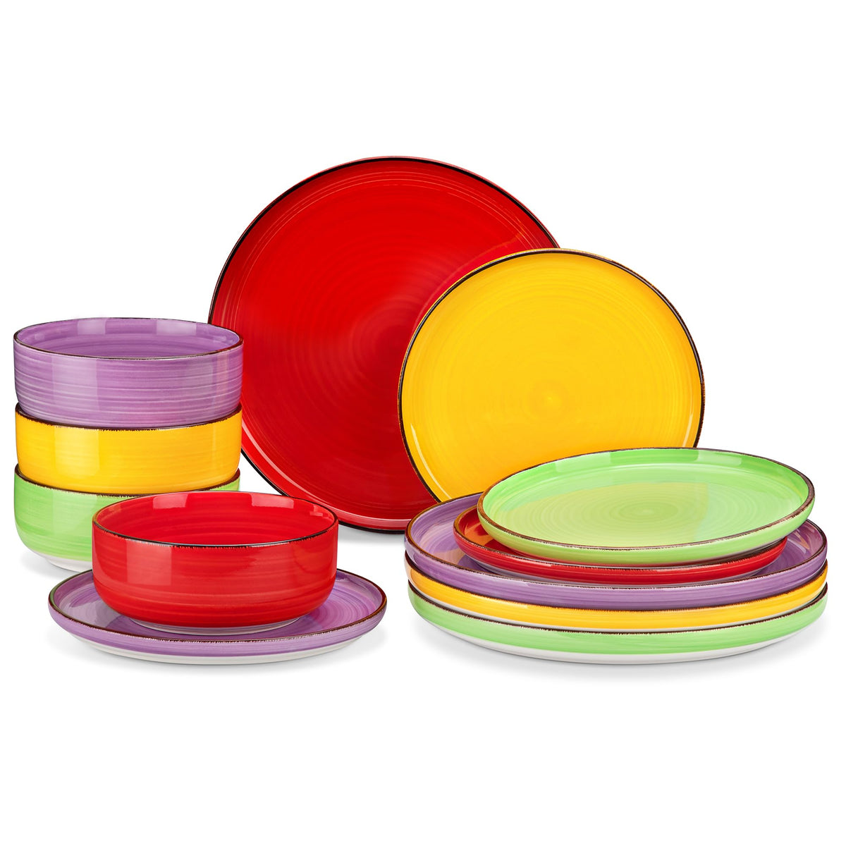 vancasso Bonita Stoneware Dinnerware Sets, 12 Pieces Dishes Set，Polished Round Plates and Bowls Set for 4, Dishwasher and Microwave Safe, Multicolor