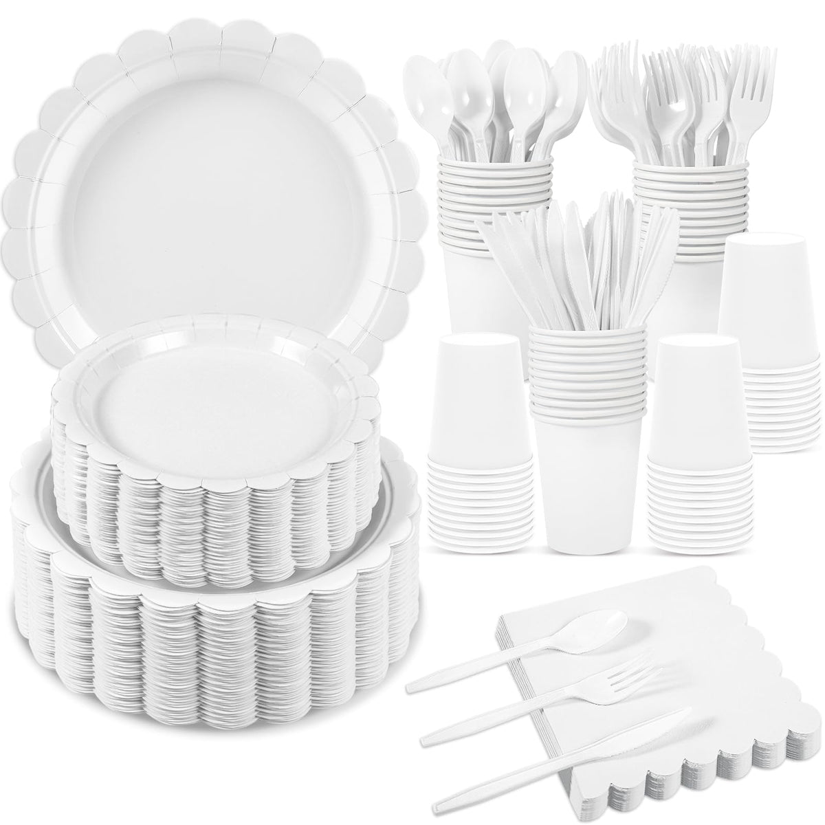 25 Set Party Plates and Cups and Napkins Ivory Scalloped Dinnerware