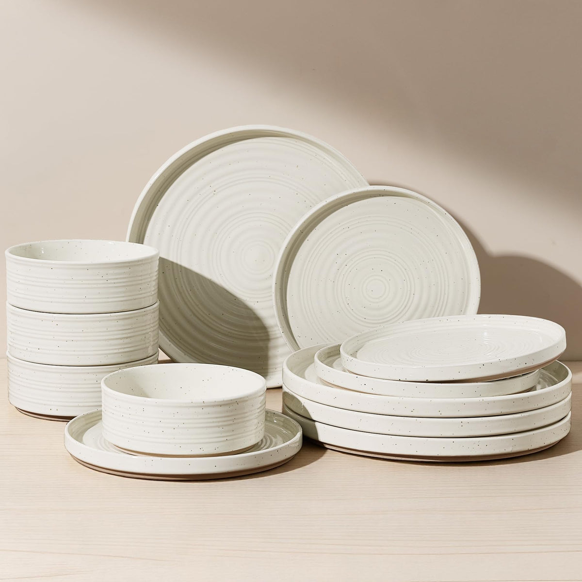 Stoneware Dinnerware Sets for 4, Reactive Glaze Plates & Bowls, Shell Beige