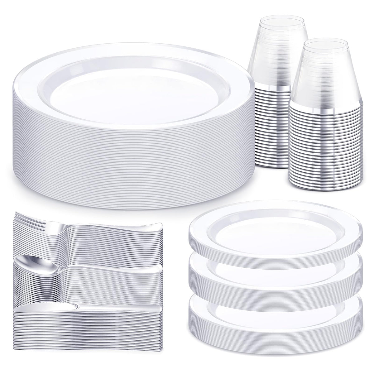 WELLIFE 600 PCS Silver Disposable Dinnerware Set for 100 Guests