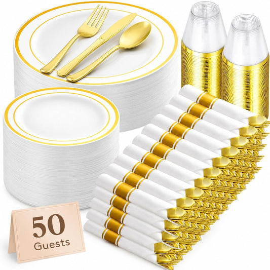 Lifewit 350PCS Disposable Dinnerware Set, Plastic Plates for 50 Guests