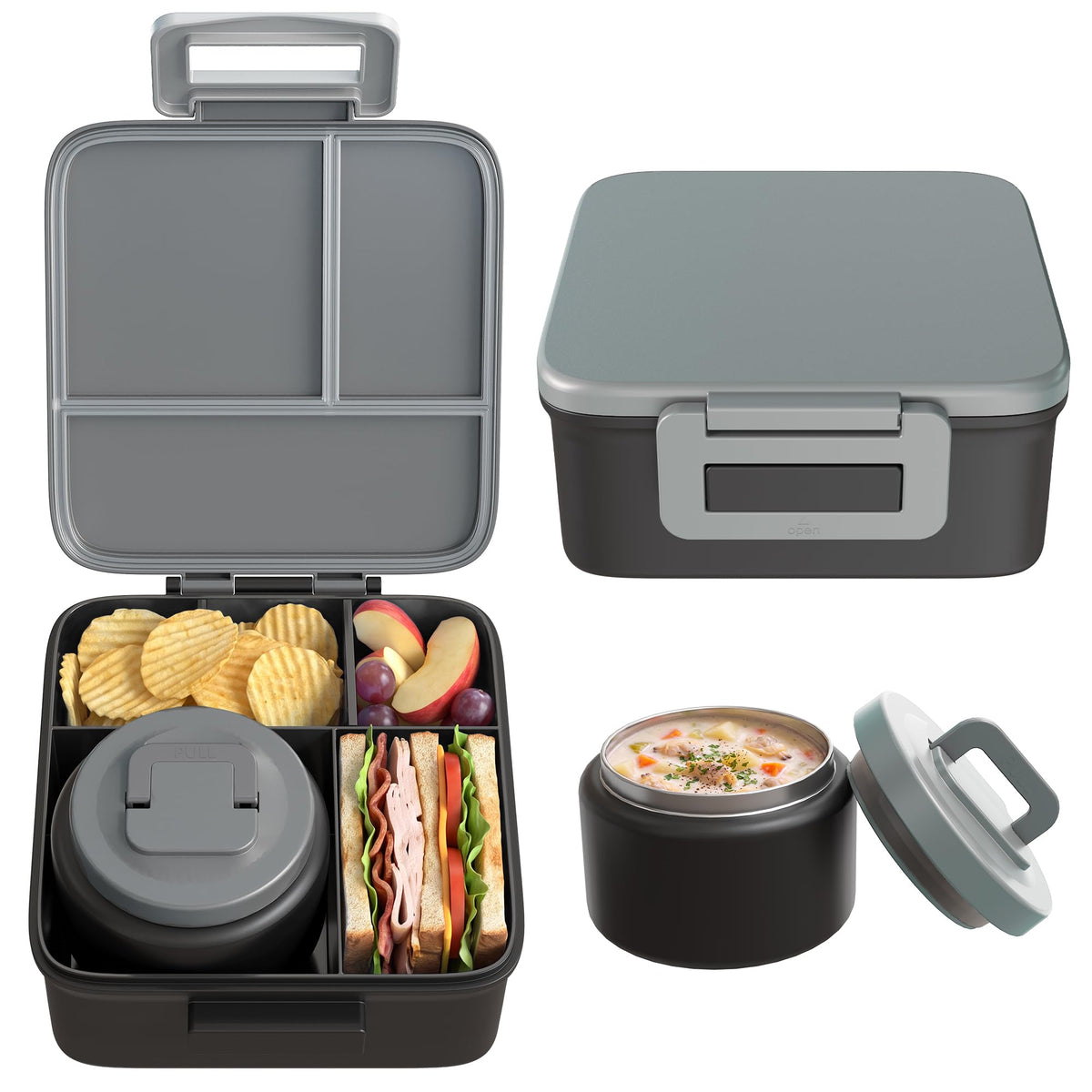 MAISON HUIS Bento Lunch Box with 8oz Soup Thermo and Insulated Lunch Bag, Kids Leakproof Lunch Food Containers with 5 Compartment, Boys Girls Thermo Hot Food Jar for Travel, School, BPA Free (Black)