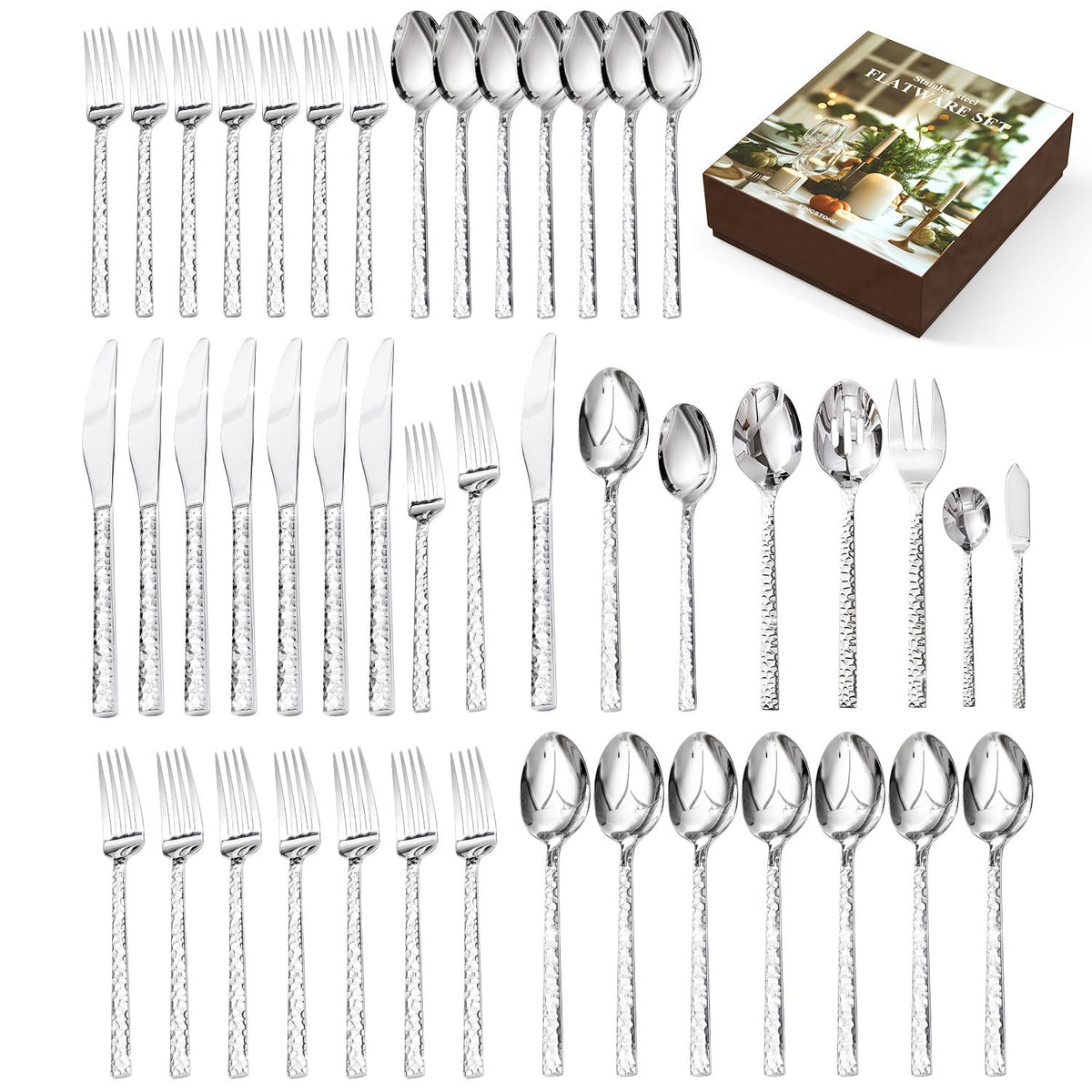 20 Piece Hammered Silverware Set, 18/10 Stainless Steel Flatware Set for 4