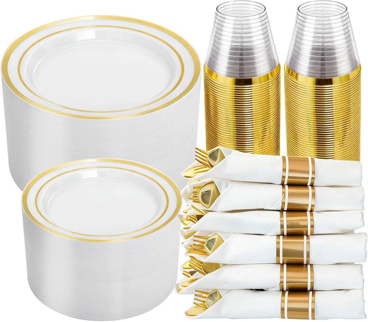 N9R 350PCS White and Gold Plastic Plates, Disposable Dinnerware Set