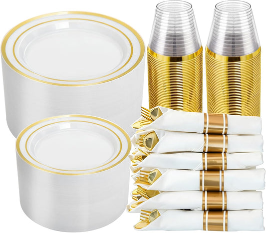 N9R 350PCS White and Gold Plastic Plates, Disposable Dinnerware Set