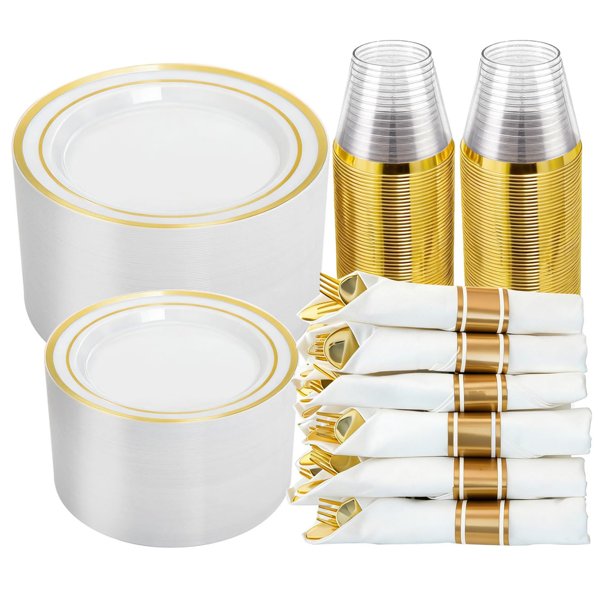 N9R 350PCS White and Gold Plastic Plates, Disposable Dinnerware Set