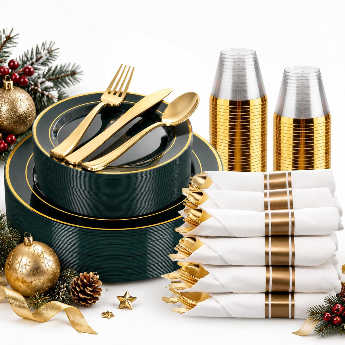 350 Pieces Black and Gold Plastic Plates with Disposable Silverware, Include 50 Dinner Plates 9”, 50 Dessert Plates 6.3”, 50 Black Cups 9 OZ, 50 Pre Rolled Napkins for Wedding/Party/Birthday/Halloween