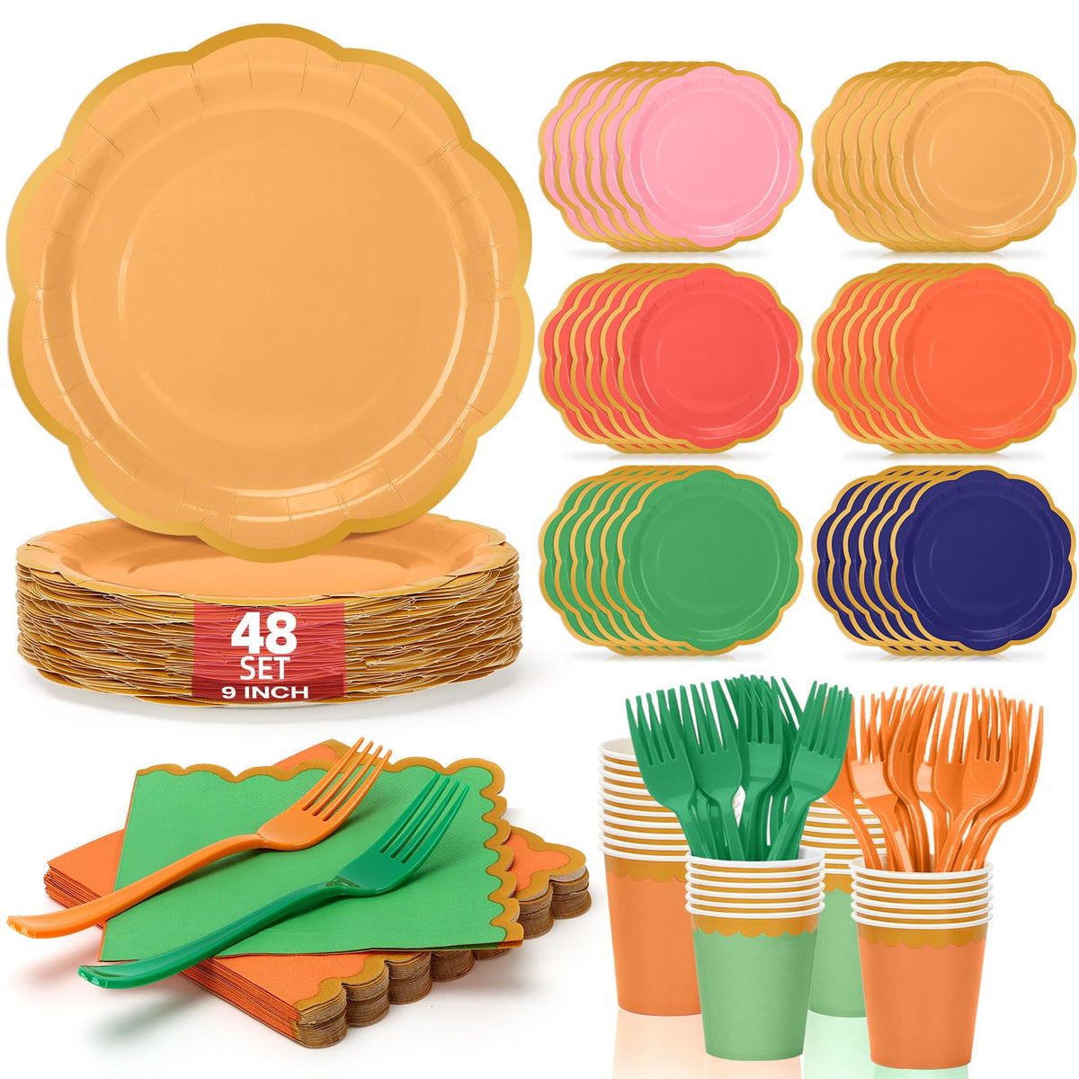 Orange Plates and Napkins Party Supplies for 48 Guests, Disposable 9’’ Gradient Scalloped Orange Fall Paper Plates Tableware Set for Fall Birthday, Harvest Party, Thanksgiving Decorations