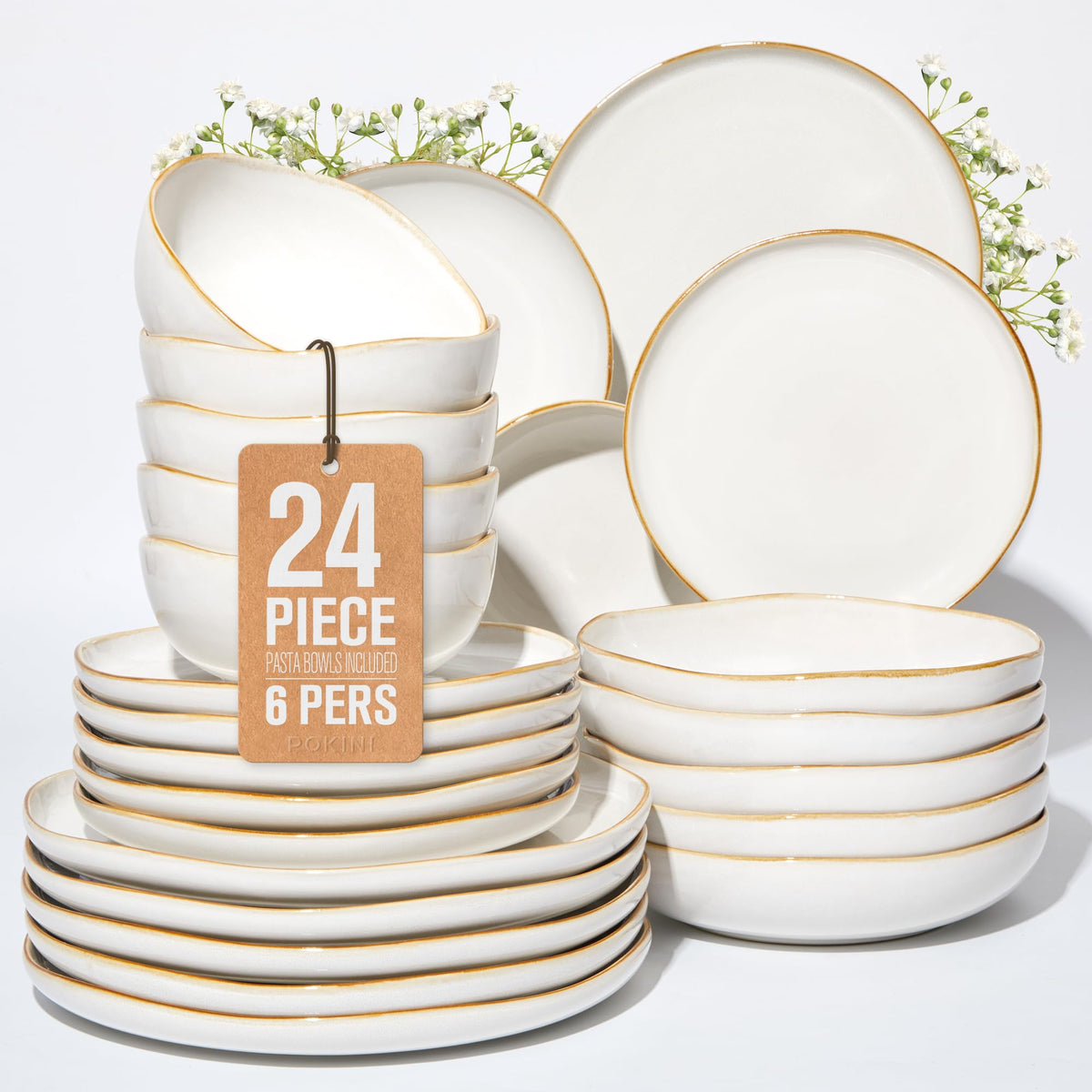 Pokini Stoneware Dinnerware Sets for 4, 12Pcs Ceramic Plates and Bowls Sets
