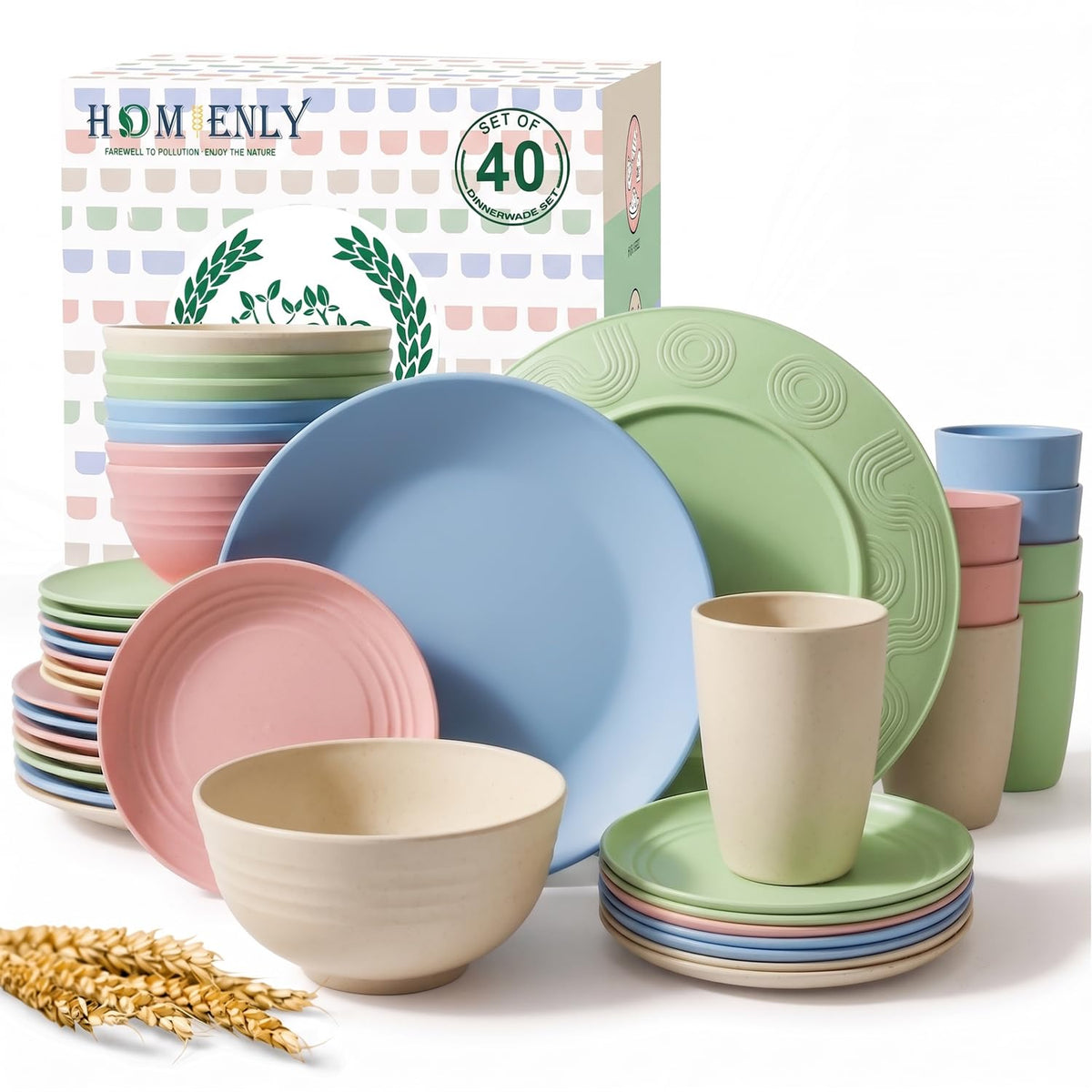 Homienly Wheat Straw Dinnerware Sets 20 PCS Plates and Bowls Sets Microwave and Dishwasher Safe Dish Set Unbreakable Camping Dish Set Cups and Plates Sets for Kitchen, Picnic, RV (Multilight)