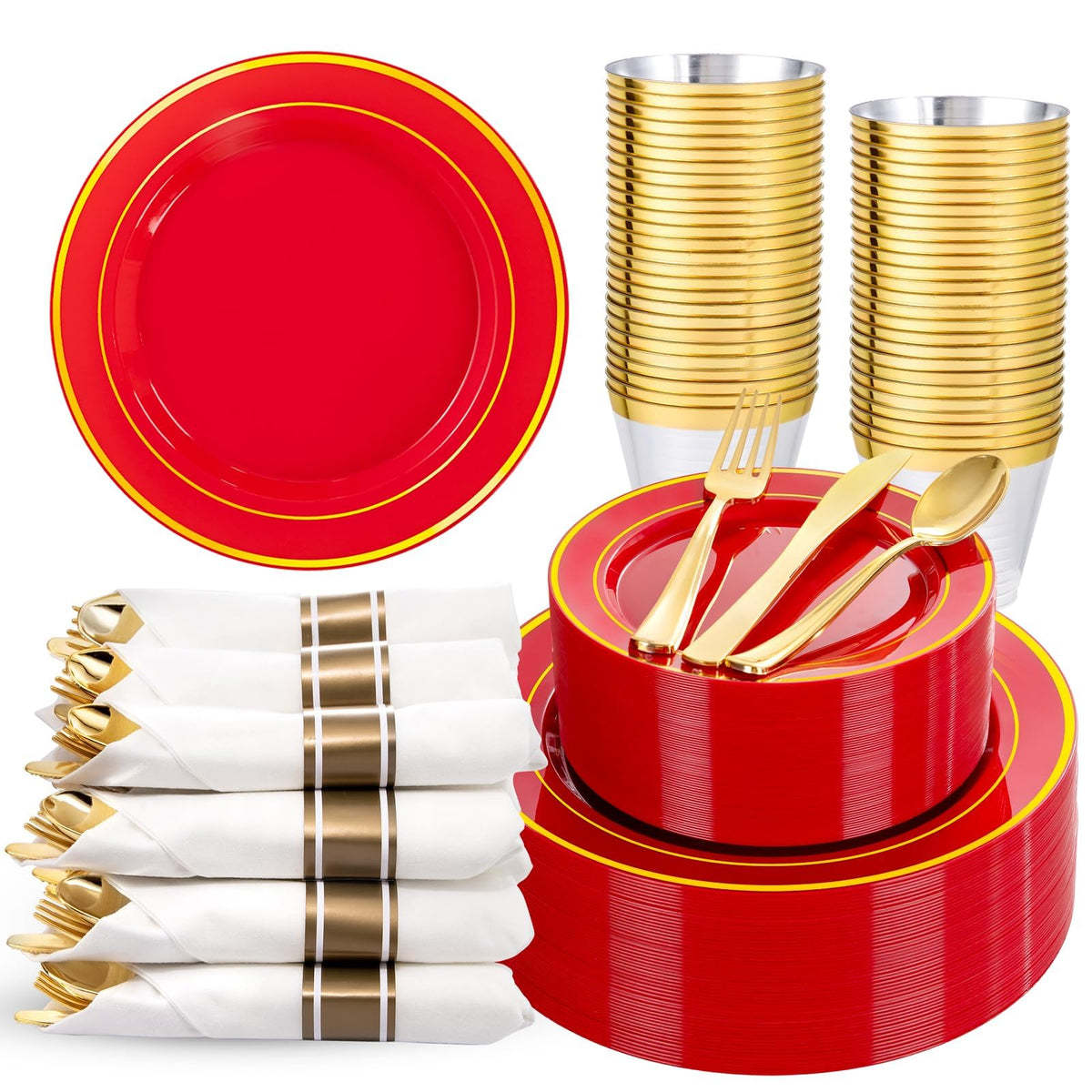 WDF Partyware 350Piece Gold Dinnerware Set for 50 Guests - Gold Plastic Plates with Disposable Cutlery - 50Dinner Plates-50Dessert Plates-50Pre Rolled Napkins with Silverware for Wedding/Thanksgiving
