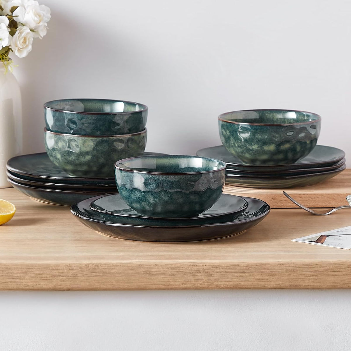 vancasso Starry 12 Pcs Dinnerware Set for 4, Handmade Reactive Glaze, Green