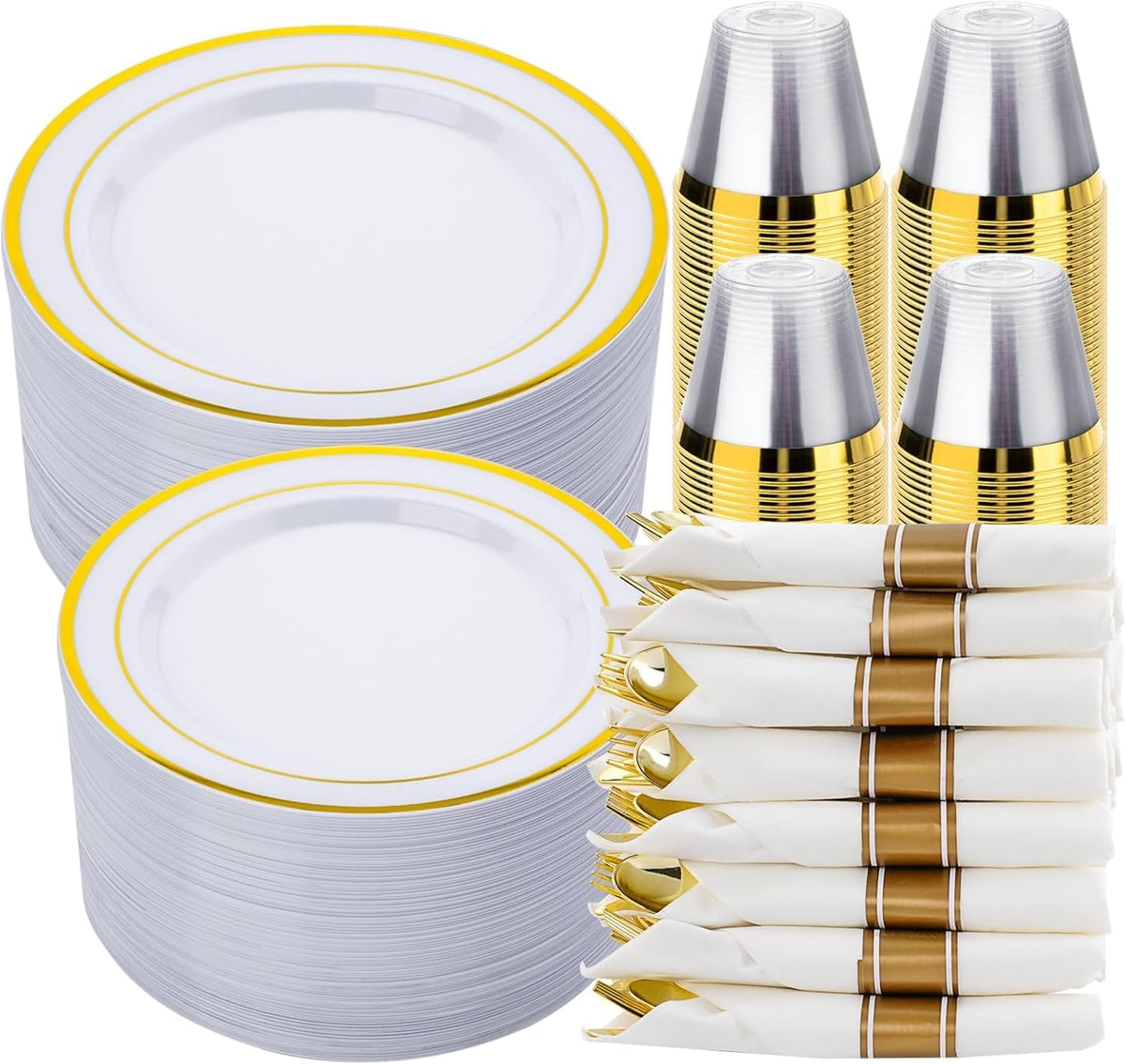 realluck 350 PCS White and Silver Plastic Dinnerware Set for 50 Guests, 100 Disposable Plates for Party, 50 Pre Rolled Napkins with Silver Silverware, 50 Cups