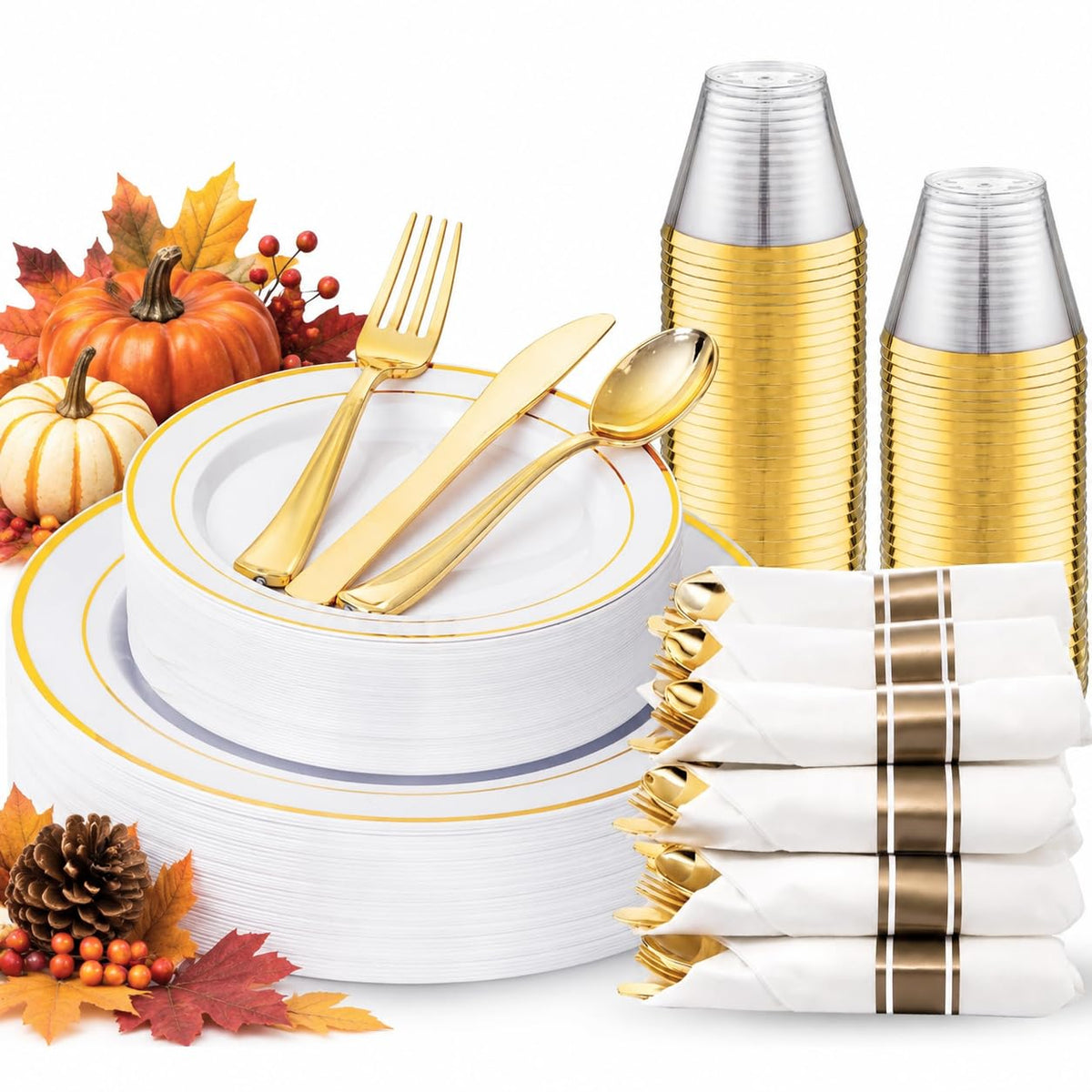 350 Pieces Black and Gold Plastic Plates with Disposable Silverware, Include 50 Dinner Plates 9”, 50 Dessert Plates 6.3”, 50 Black Cups 9 OZ, 50 Pre Rolled Napkins for Wedding/Party/Birthday/Halloween