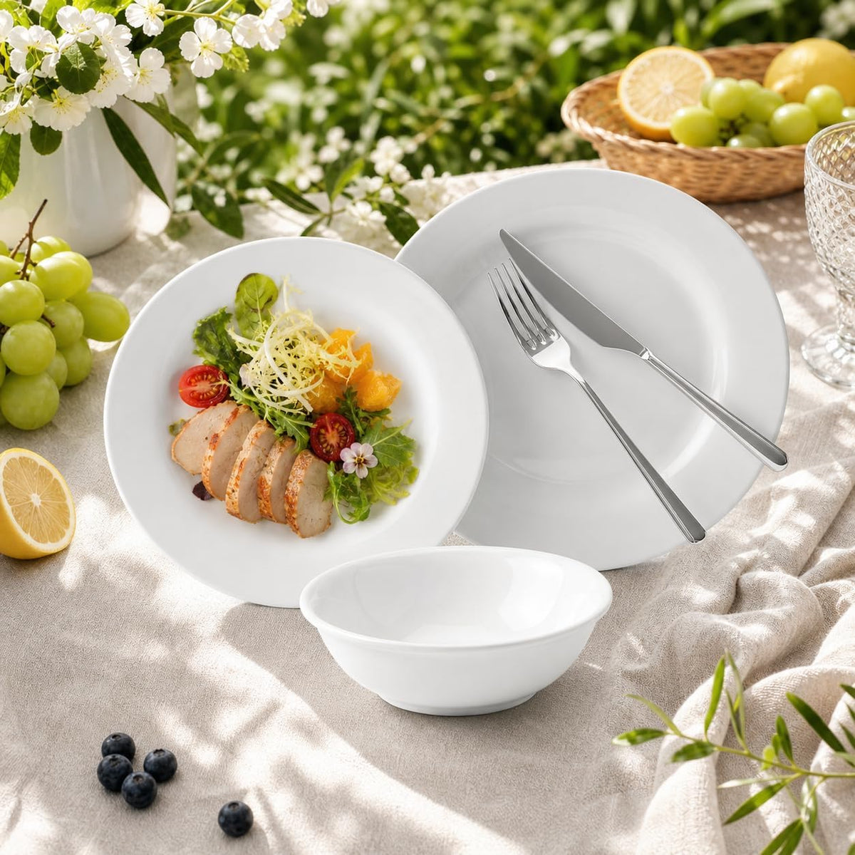 Melamine Dinnerware Sets-12 Pcs Dinner Dishes Set for 4,white melamine dinner plates set of 12,rv white plates set, kitchen plates and bowls set,Dishwasher Safe, Unbreakable,lightweight