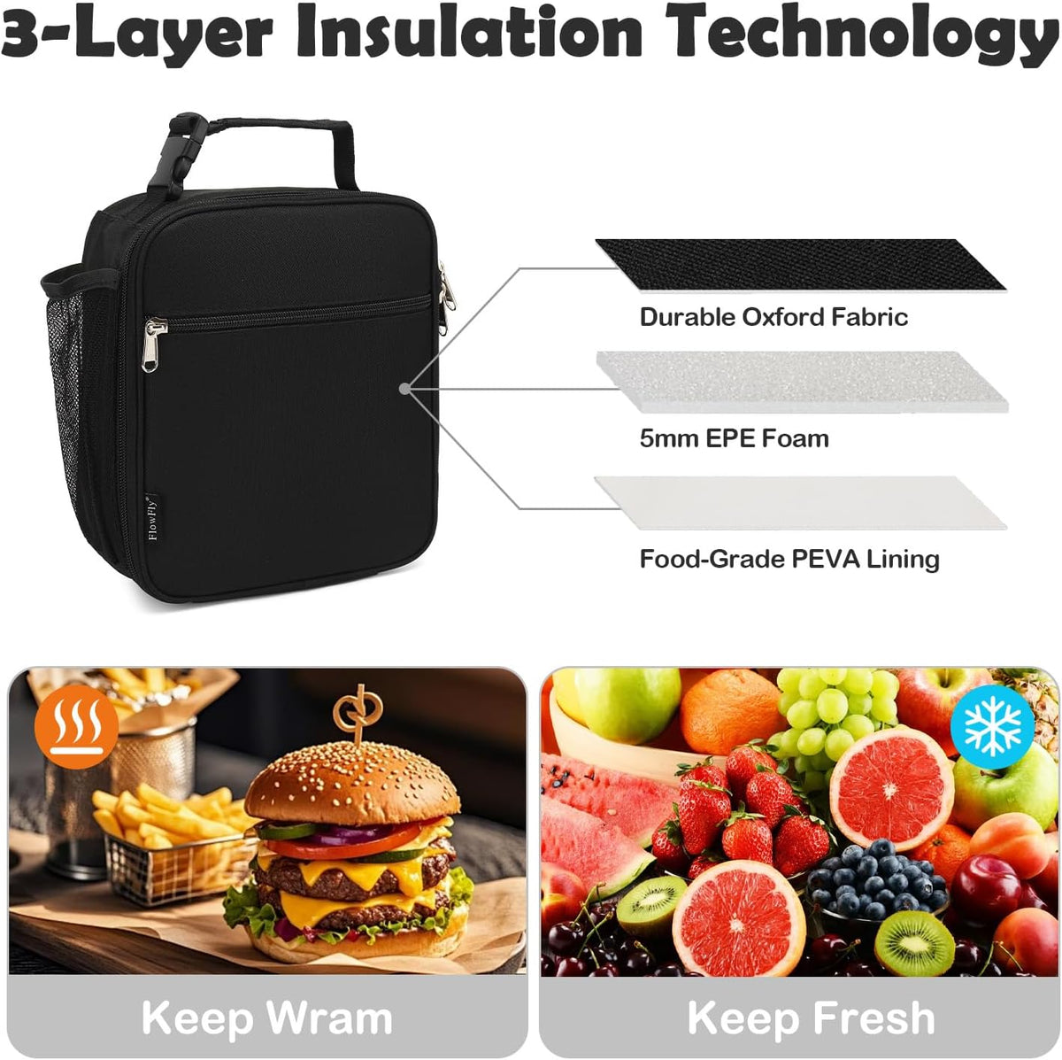 FlowFly Kids Lunch Box Insulated Letter Print Soft Bag Mini Cooler Back to School Thermal Meal Tote Kit for Girls, Boys, Black