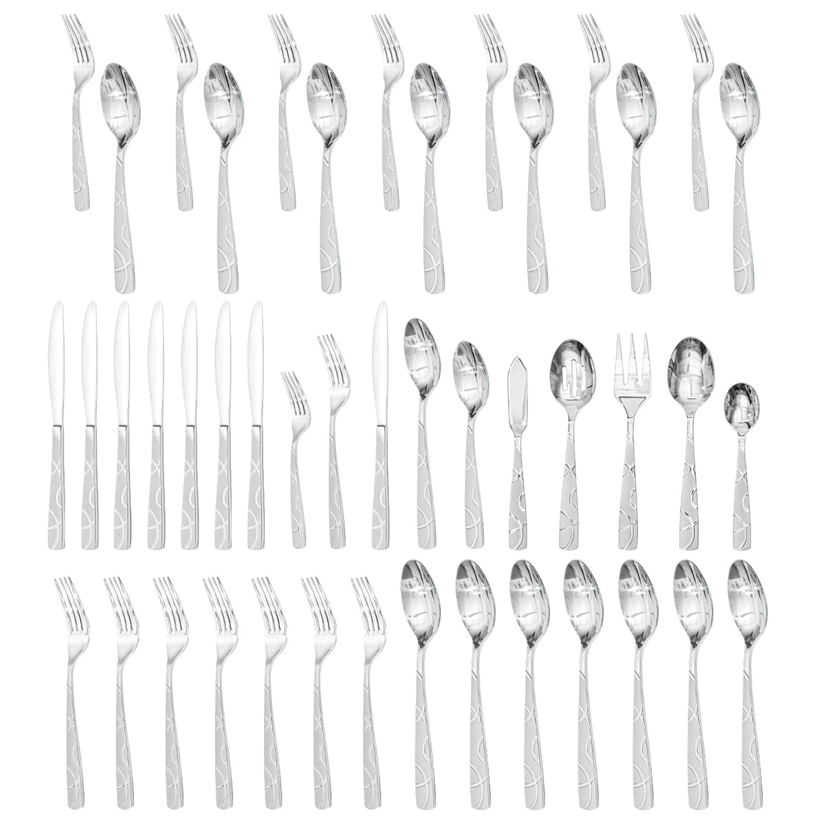HIKAA 48PCS Stainless Steel Silverware Set with Steak Knives, Modern Flatware Set for Kitchen, Mirror Polished Cutlery Set with Forks, Spoons and Knives，Dishwasher Safe