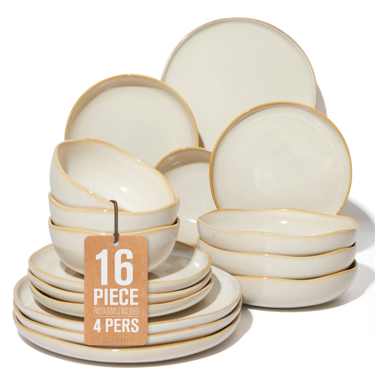 Pokini Stoneware Dinnerware Sets for 4, 12Pcs Ceramic Plates and Bowls Sets