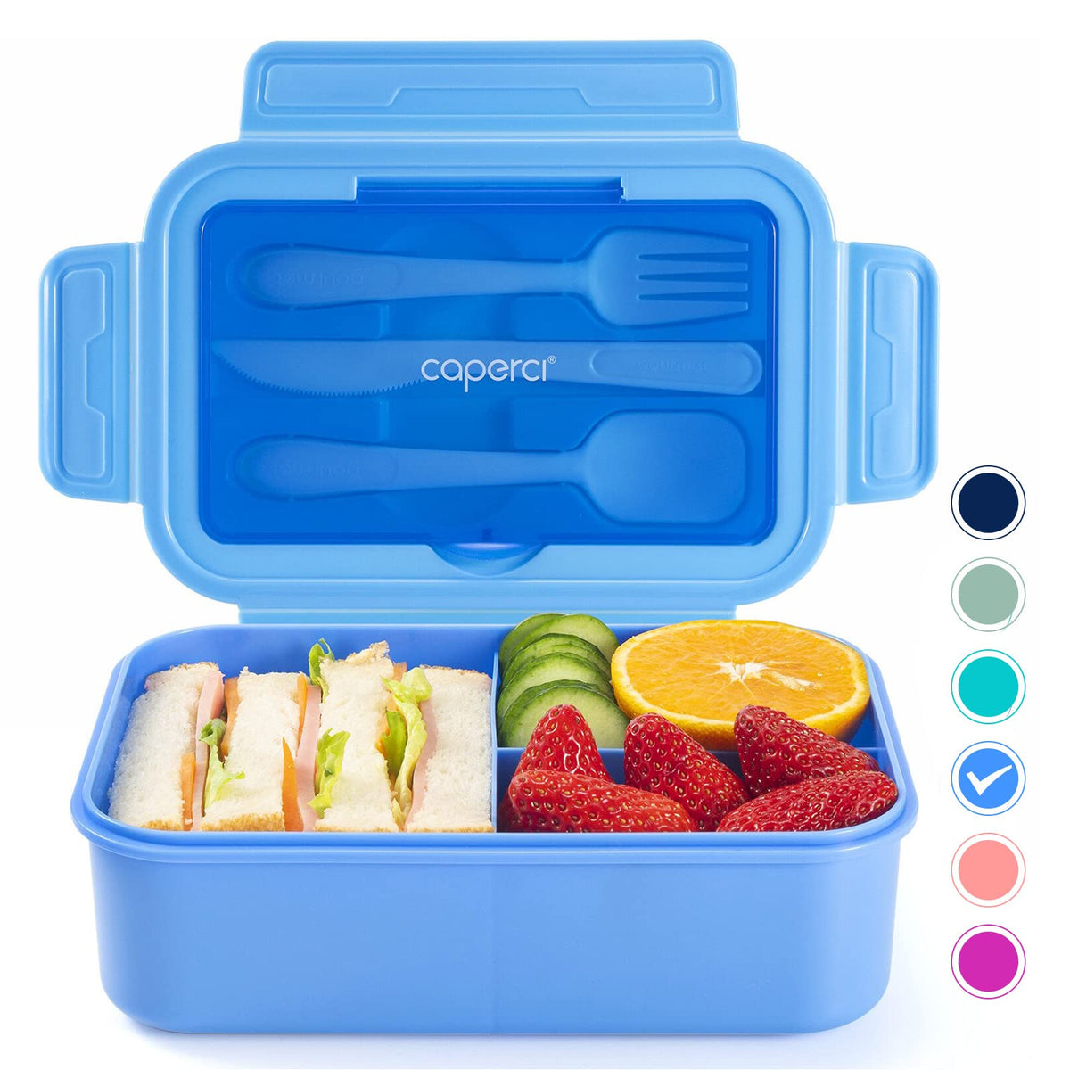 Caperci Classic Bento Box Adult Lunch Box for Older Kids - Leakpoof 47 oz 3-Compartment Containers for Adults and Teens, Built-in Utensil Set, Ideal for On-the-Go Balanced Eating, Navy Blue