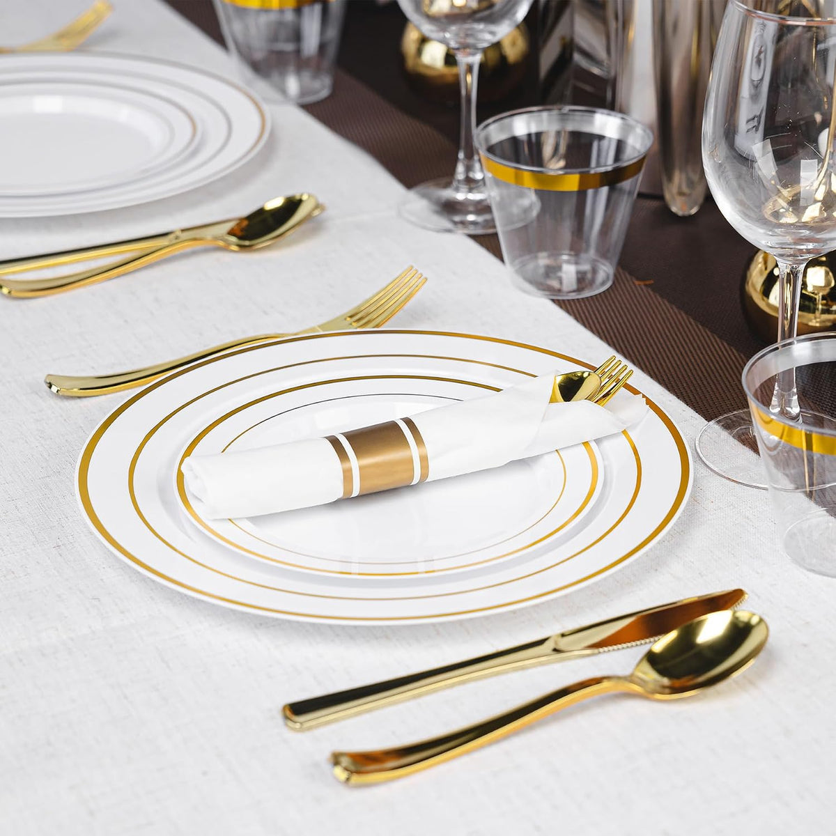 350PCS Gold Disposable Plastic Dinnerware Set for 50 Guests