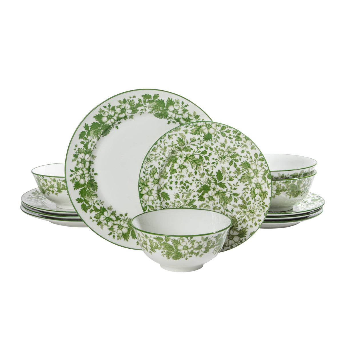 Martha Stewart Empress Bouquet 12-Piece Decorated Porcelain Chip and Scratch Resistant Dinnerware Plates and Bowls Set - Pink Floral