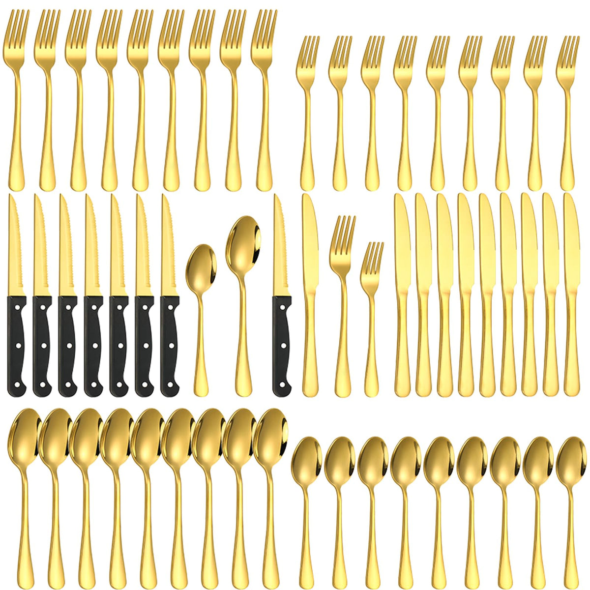 Lazycorner 60-Piece Black Silverware Set with Steak Knives Black Stainless Steel Flatware Set for 10 Food Grade Tableware Cutlery Set Rust-proof, Mirror Polished, Dishwasher Safe