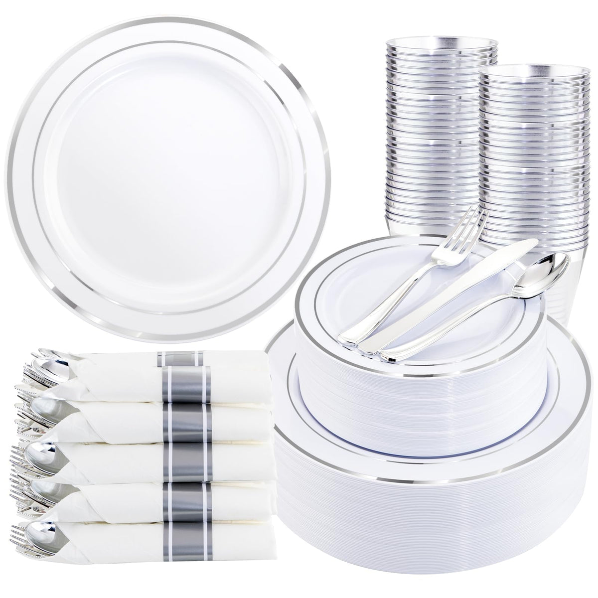 WDF Partyware 350Piece Gold Dinnerware Set for 50 Guests - Gold Plastic Plates with Disposable Cutlery - 50Dinner Plates-50Dessert Plates-50Pre Rolled Napkins with Silverware for Wedding/Thanksgiving