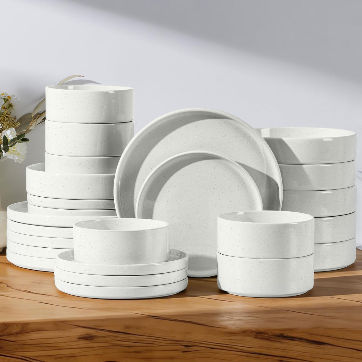 E-far Stoneware Dinnerware Sets, 12-Piece Black Plates and Bowls Set for 4