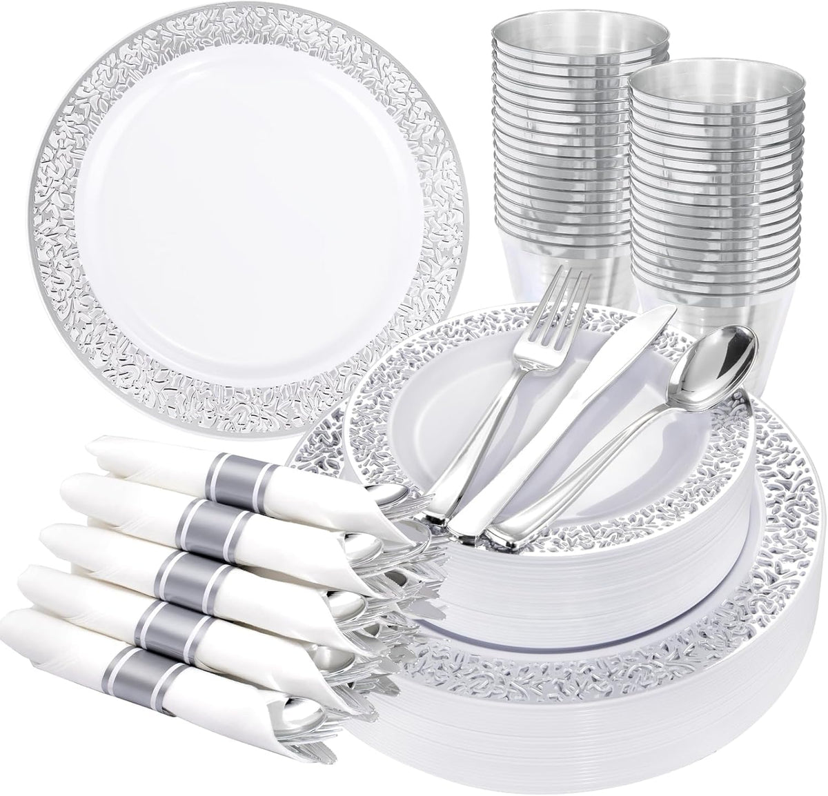 WELLIFE 50 Guests Dinnerware Sets, Gold Plastic Plates，Platos Para Fiestas Elegantes Desechables Include:50 Dinner Plates, 50 Dessert Plate, 150 Pcs Gold Plastic Silverware, 50 Cups for Party