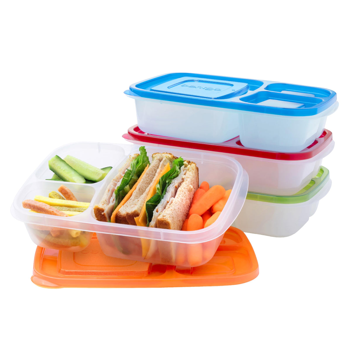 Bentgo Easyboxes - Original Stackable Lunch Boxes - Reusable 3-Compartment Food Containers for Kids and Adults - Bento Lunch Box for Meal Prep, School, & Work - BPA Free, Set of 4 (Brights)