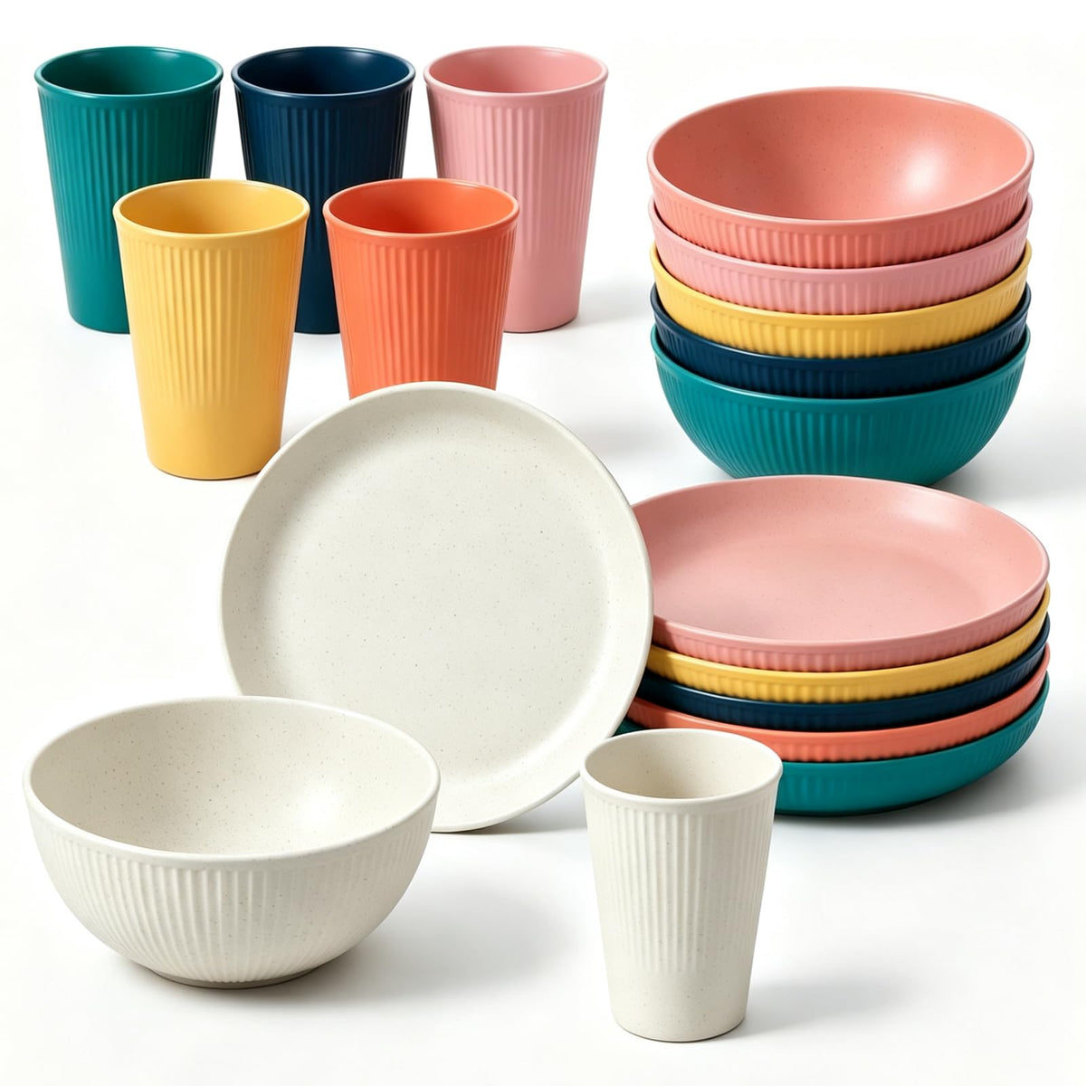 18PCS Wheat Straw Dinnerware Sets Unbreakable Reusable Dinnerware Set for 6, Microwave Dishwasher Safe Dinnerware for Outdoor Camping Dishes