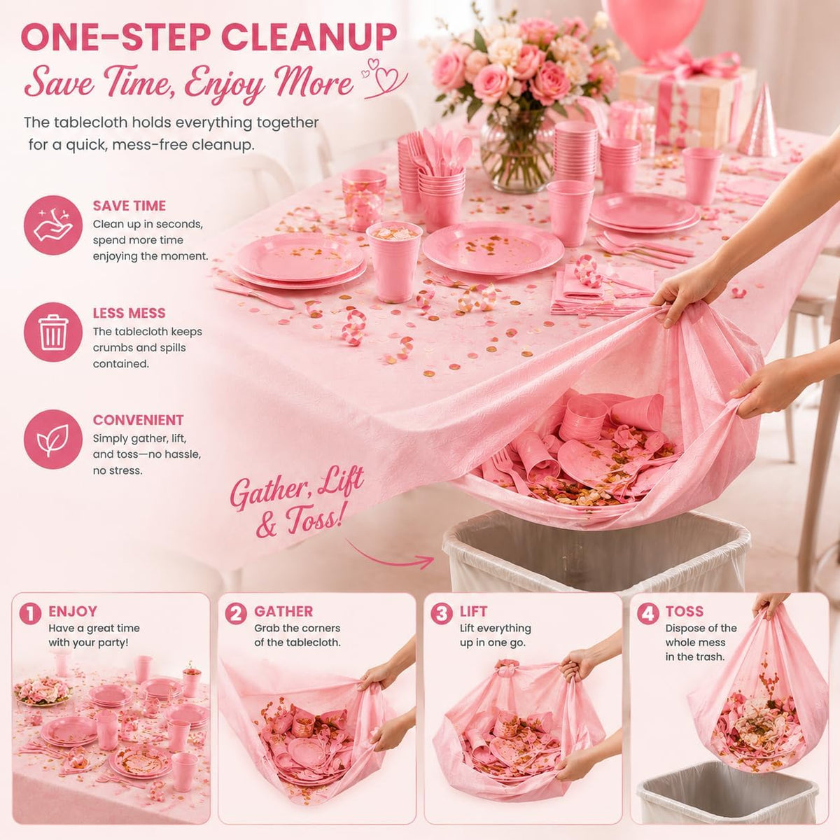 Tinybee 352 Pcs Pink Plastic Plates, Disposable Dinnerware Set for 50