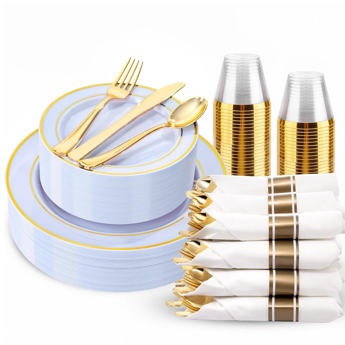 WDF Partyware 350Piece Gold Dinnerware Set for 50 Guests - Gold Plastic Plates with Disposable Cutlery - 50Dinner Plates-50Dessert Plates-50Pre Rolled Napkins with Silverware for Wedding/Thanksgiving