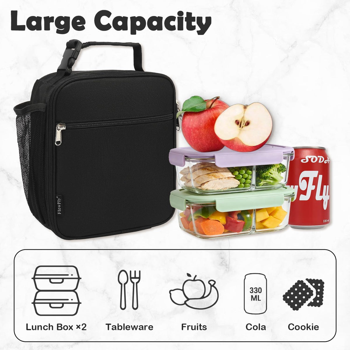 FlowFly Kids Lunch Box Insulated Letter Print Soft Bag Mini Cooler Back to School Thermal Meal Tote Kit for Girls, Boys, Black