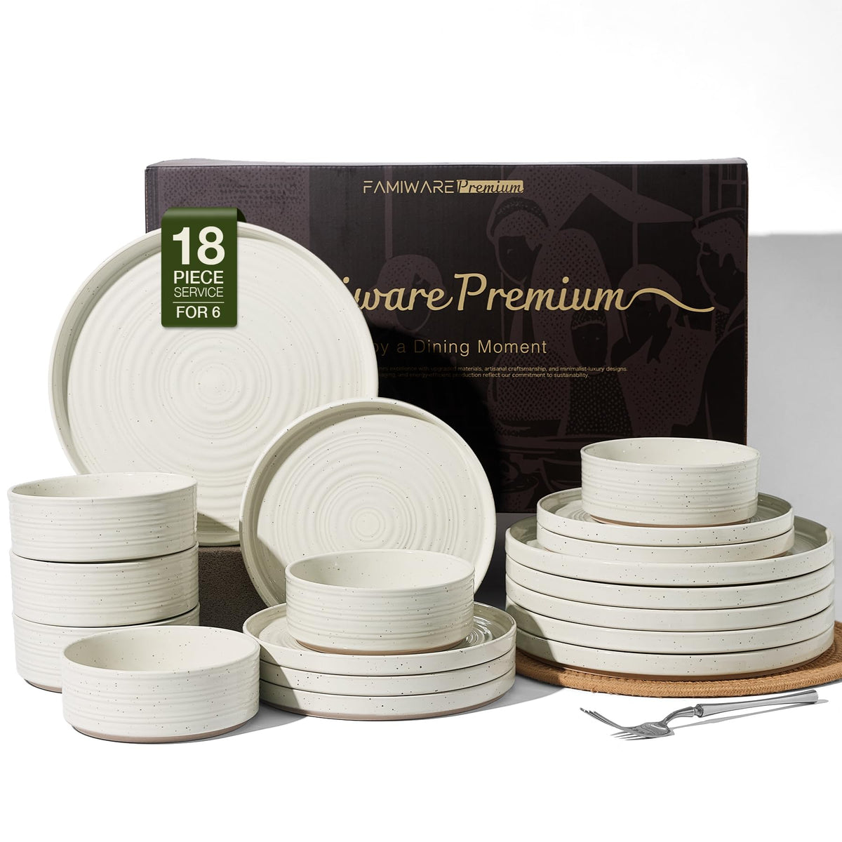 Stoneware Dinnerware Sets for 4, Reactive Glaze Plates & Bowls, Shell Beige