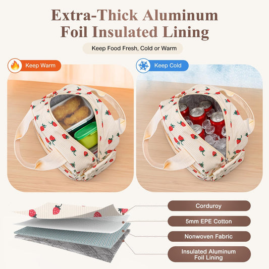 KUBYA Lunch Box for Women, Cute Strawberry Corduroy Insulated Lunch Bag Women Reusable Work Leakproof Simple Adults Large Lunch Boxes Tote Bag Men Cooler Bag