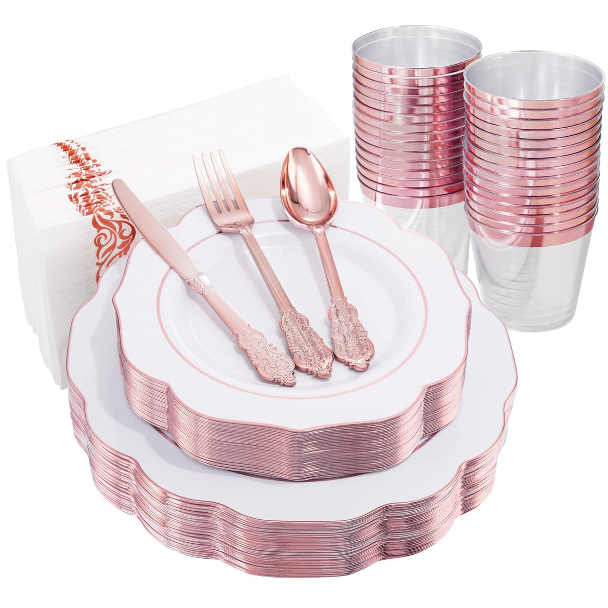 NOCCUR 175PCS Pink Plates with Gold Disposable Silverware - Include 50 Pink Plastic Plates,25 Knives,25 Forks,25 Spoons,25 Cups and 25 Napkins - Ideal for Party/Wedding/Banquet/Baby Shower