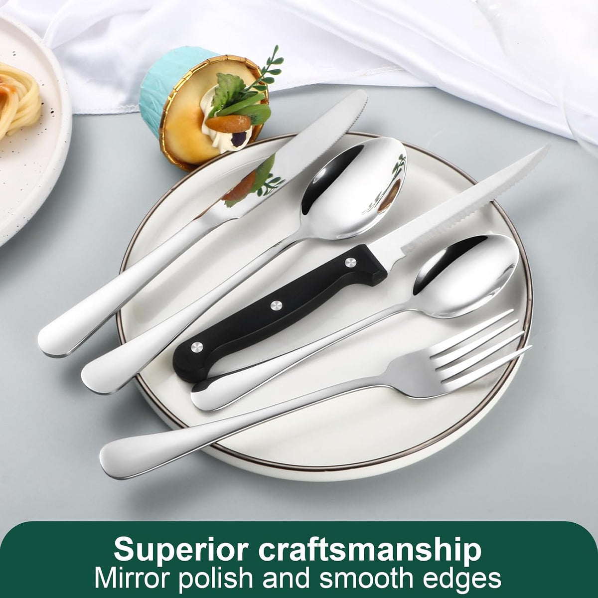24-Piece Silver Silverware Set with Steak Knives Stainless Steel Flatware Set for 4 Food Grade Tableware Cutlery Set Rust-proof, Mirror Polished, Dishwasher Safe