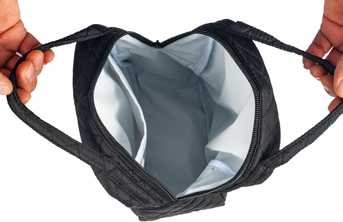 Machine Washable Women Quilted Fabric Insulated Reusable Cooler Lunch Bag Tote Adult Thermal Lunch Box Storage Bag for Ｗork (Black)