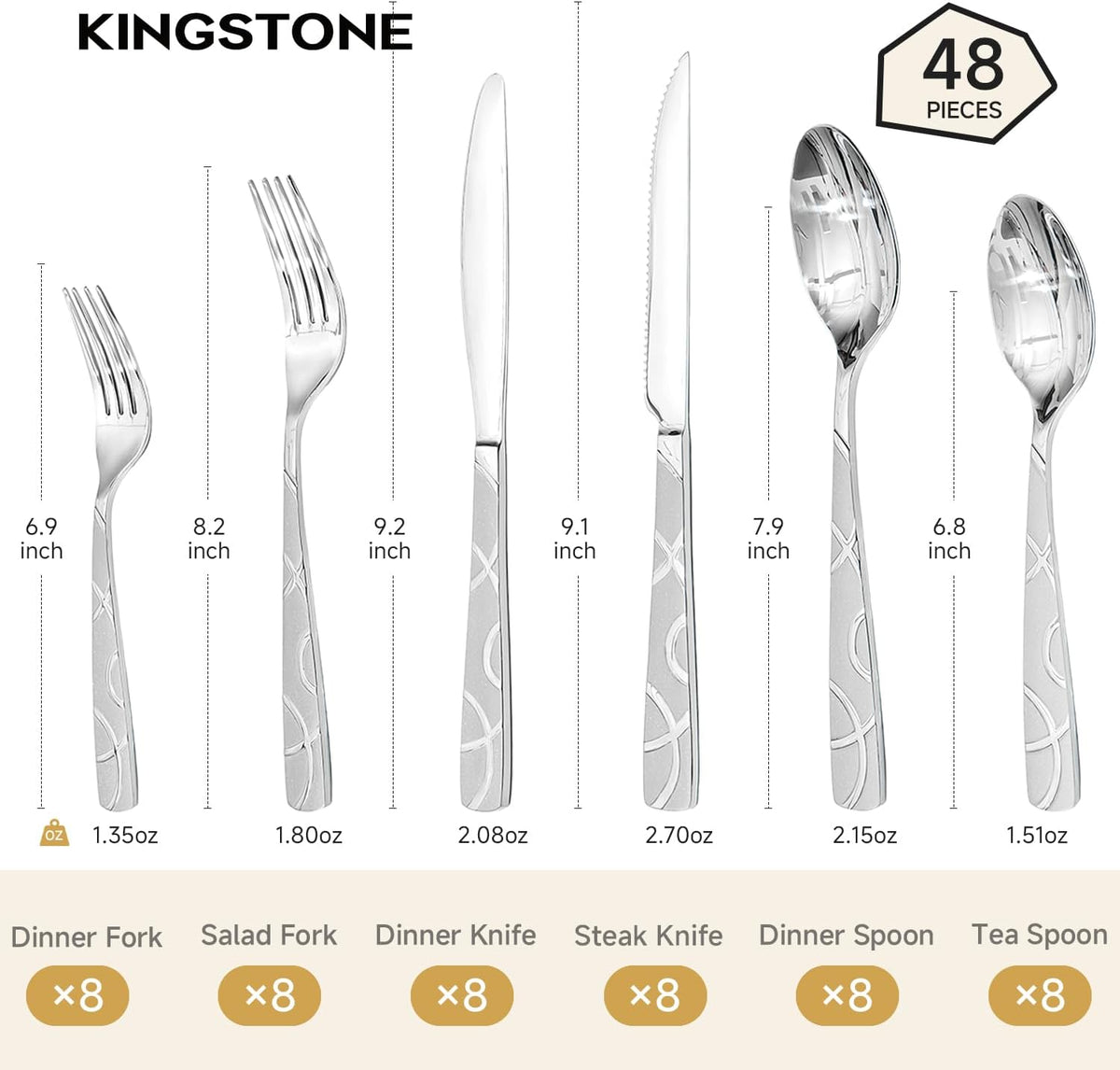 HIKAA 48PCS Stainless Steel Silverware Set with Steak Knives, Modern Flatware Set for Kitchen, Mirror Polished Cutlery Set with Forks, Spoons and Knives，Dishwasher Safe