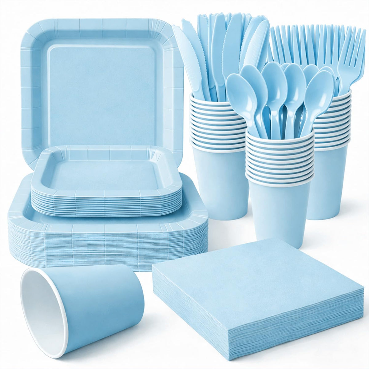 Vyntra 350 Pcs Light Blue Square Paper Plates and Napkins Set, Serves 50