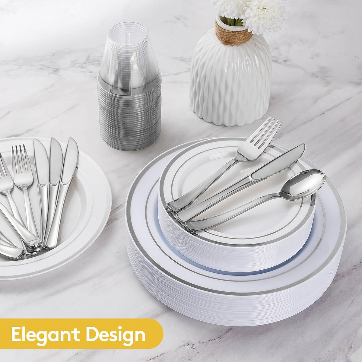 Goodluck 600 Plastic Piece Disposable Silver Plates for 100 Guests