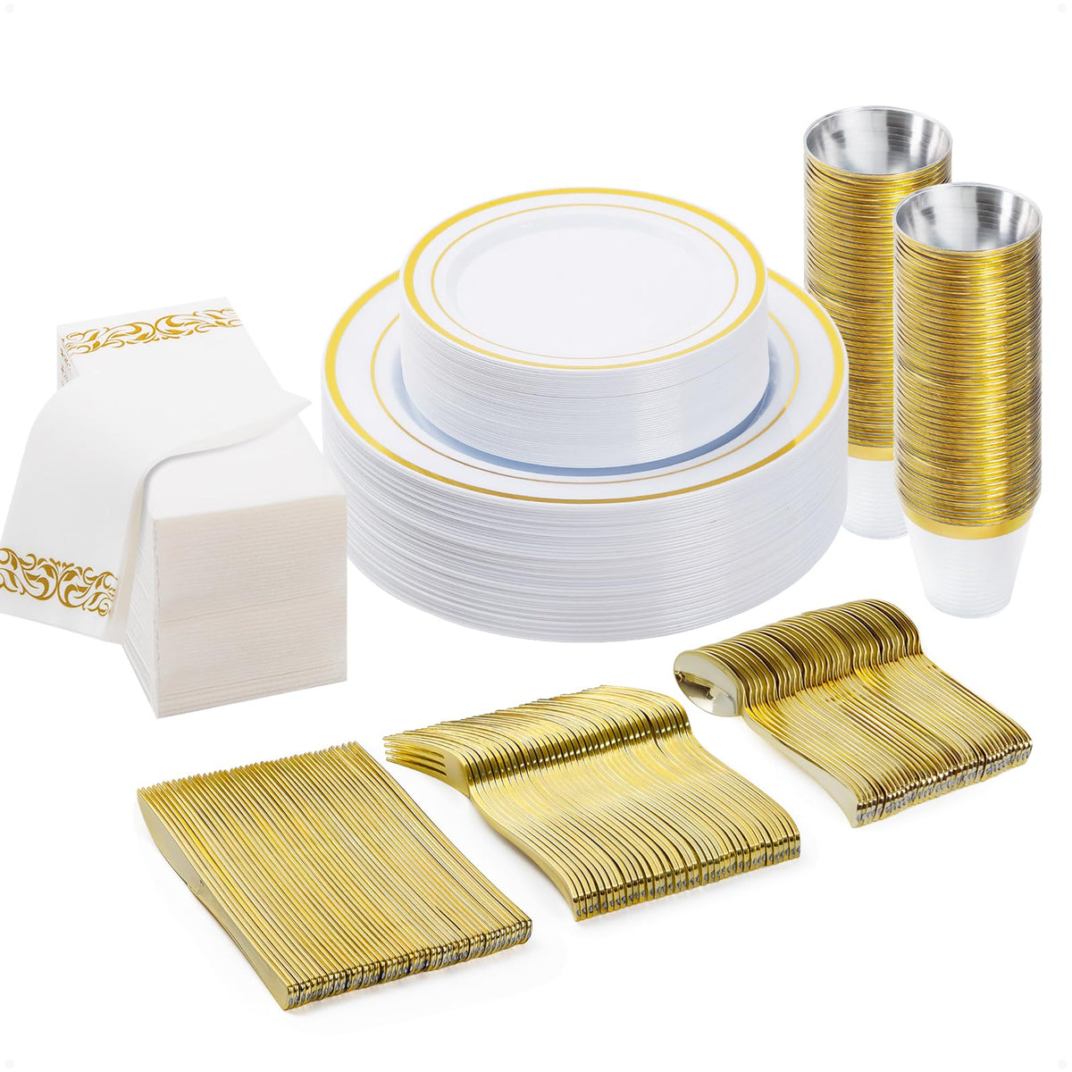 BESTVIP 700 PCS Disposable White and Gold Plastic Plates for 100 Guests