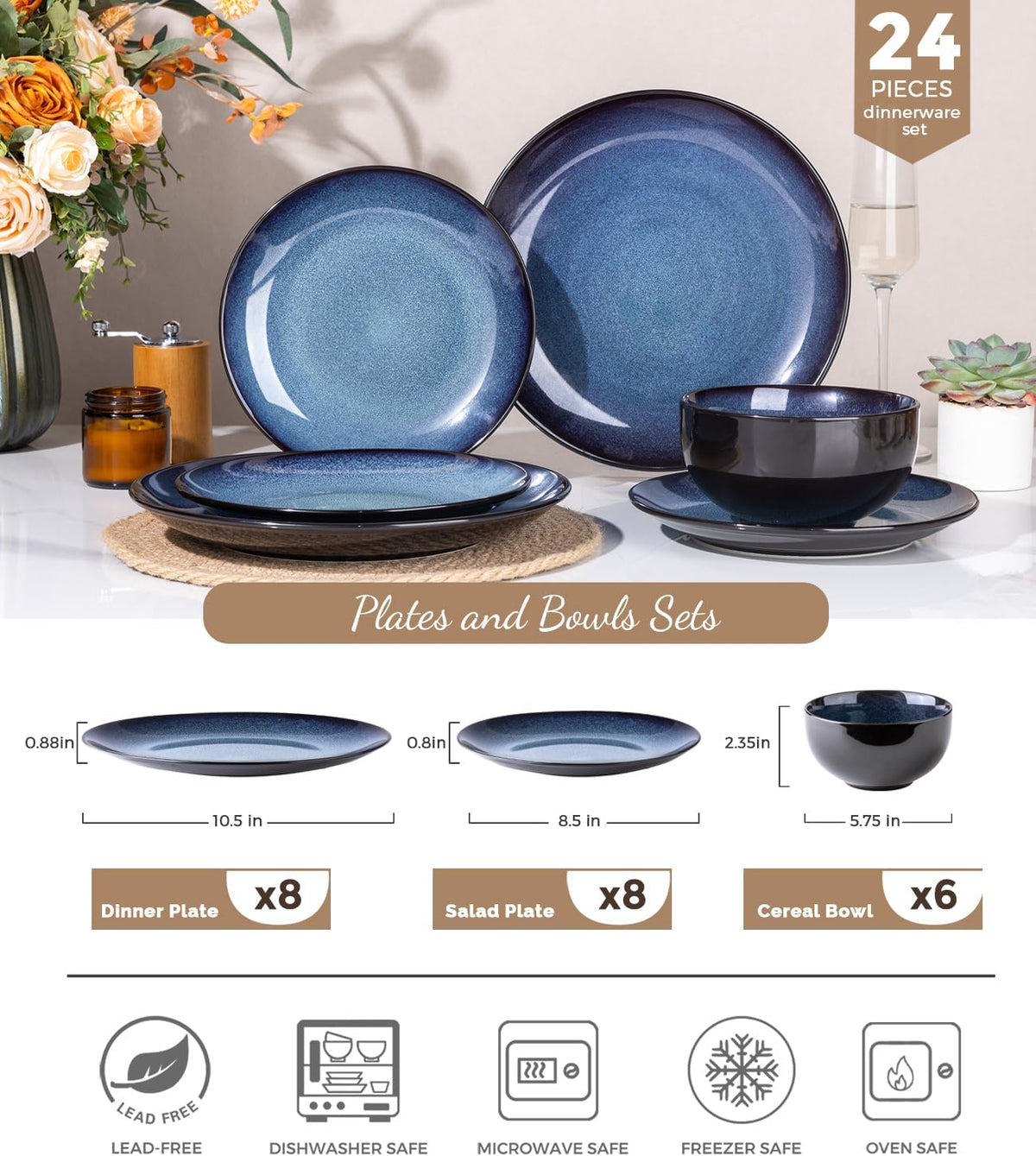 LeRatio Ceramic Dinnerware Sets for 8,24Pcs Porcelain Plates and Bowls Set