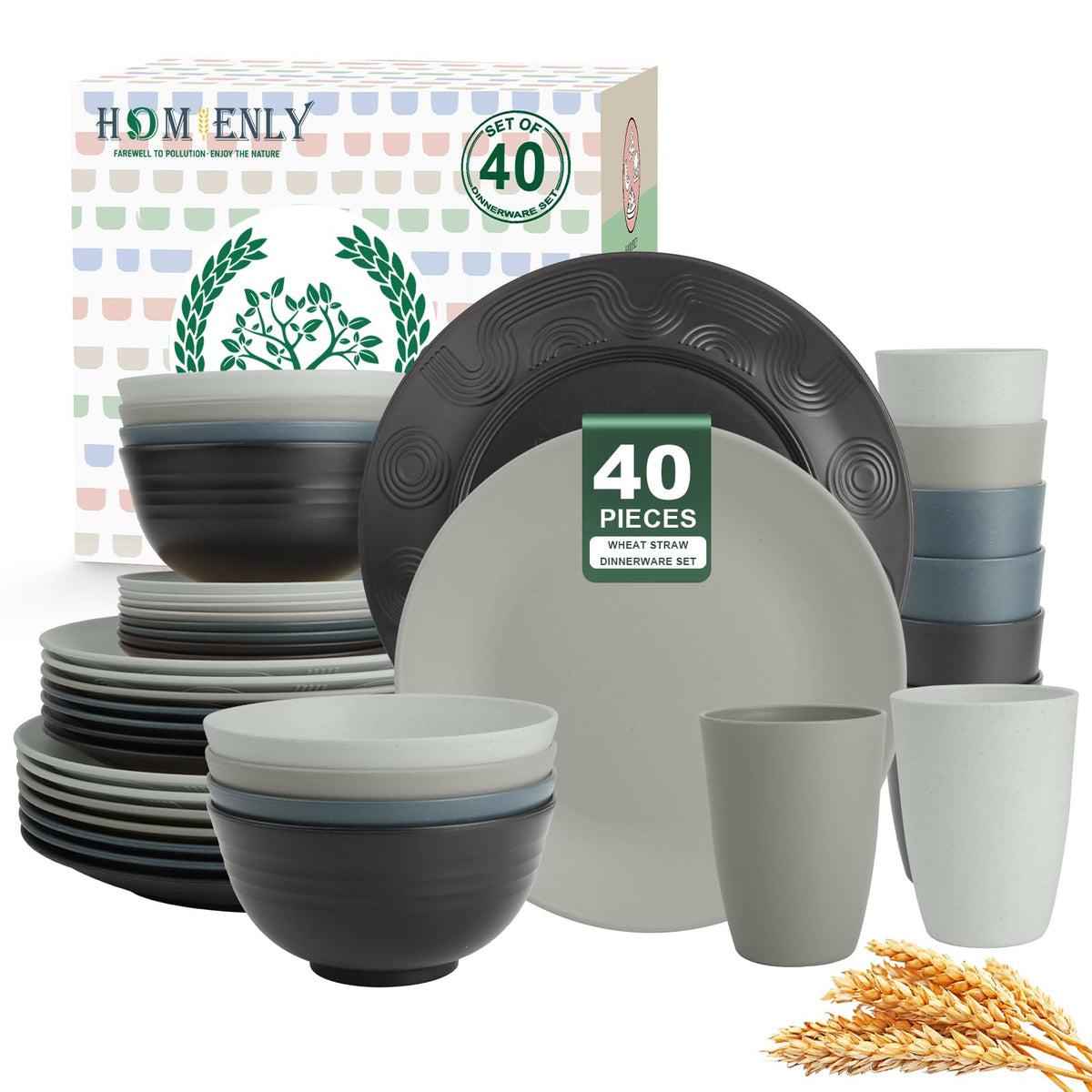Homienly Kitchen Wheat Straw Dinnerware Set 40 PCS - Dinner Plates, Cereal Bowls, Wheat Straw Cups Set, Microwave and Dishwasher Safe Dishes Set, Unbreakable Dish Set for Party, Outdoor(Grey Stone)