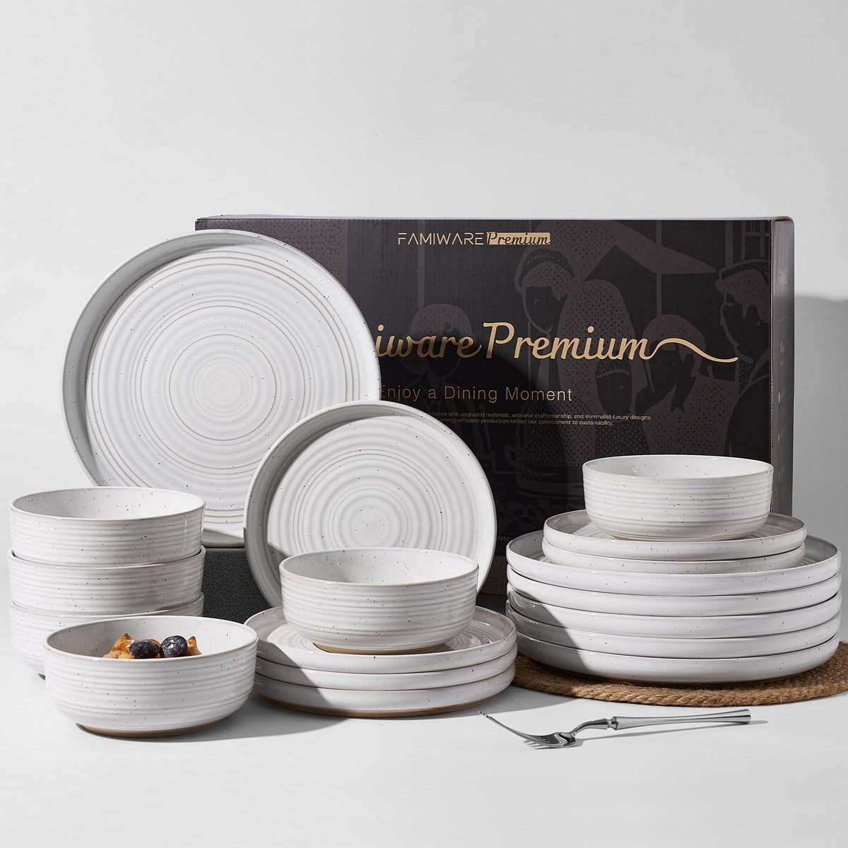 Stoneware Dinnerware Sets for 4, Reactive Glaze Plates & Bowls, Shell Beige